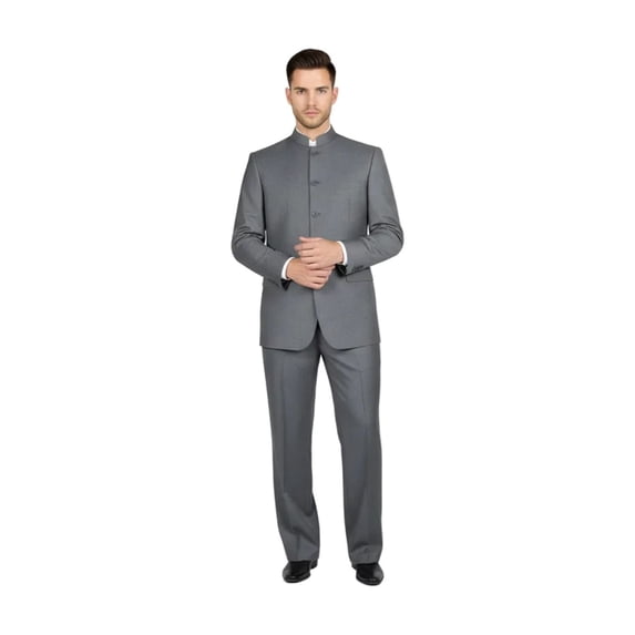 Men Apollo King Banded Collarless suit Mandarin 5 Button Wide leg M5-3 Gray New