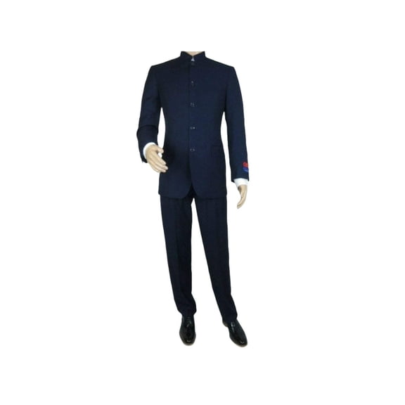 Men Apollo King Banded Collarless suit Mandarin 5 Buttons Wide leg M5-2 Navy