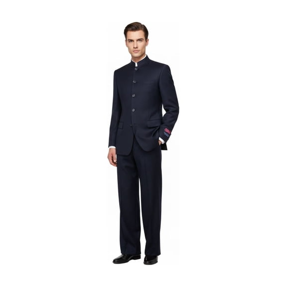 Men Apollo King Banded Collarless suit Mandarin 5 Buttons Wide leg M5-2 Navy
