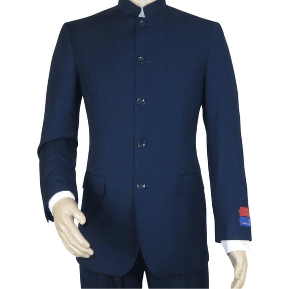 Men Apollo King Banded Collarless suit Mandarin 5 Buttons Wide leg M5-2 Navy