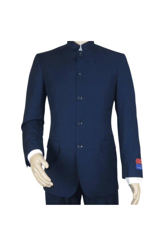 Men Apollo King Banded Collarless suit Mandarin 5 Buttons Wide leg M5-2 Navy