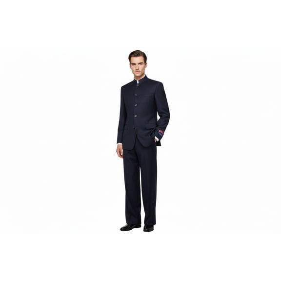 Men Apollo King Banded Collarless suit Mandarin 5 Buttons Wide leg M5-2 Navy