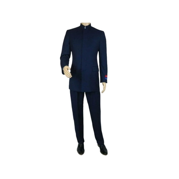Men Apollo King Banded Collarless suit Mandarin 5 Hidden Button Panel AG52 Navy
