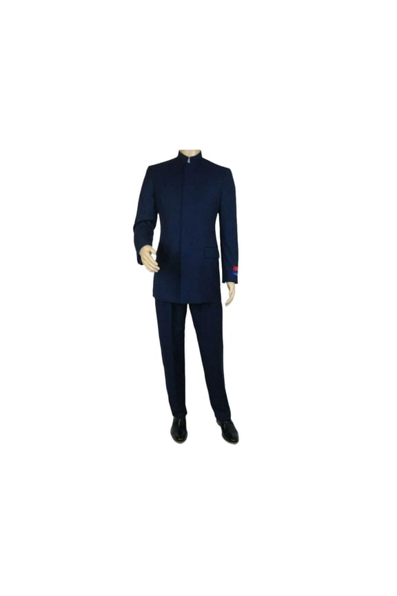 Men Apollo King Banded Collarless suit Mandarin 5 Hidden Button Panel AG52 Navy