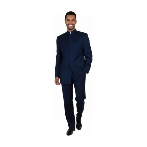 Men Apollo King Banded Collarless suit Mandarin 5 Hidden Button Panel AG52 Navy