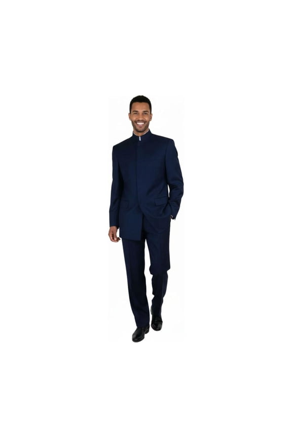 Men Apollo King Banded Collarless suit Mandarin 5 Hidden Button Panel AG52 Navy