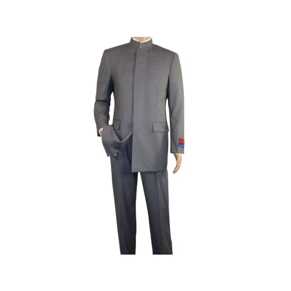 Men Apollo King Banded Collarless suit Mandarin 5 Hidden Button Pastor AG53 Gray