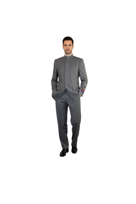 Men Apollo King Banded Collarless suit Mandarin 5 Hidden Button Pastor AG53 Gray