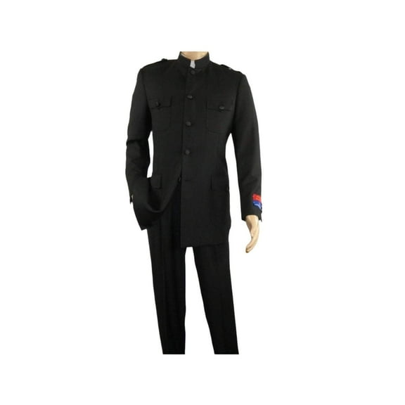 Men Apollo King Banded Collarless suit Mandarin Military Style 5button K1 Black