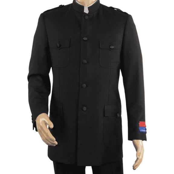 Men Apollo King Banded Collarless suit Mandarin Military Style 5button K1 Black