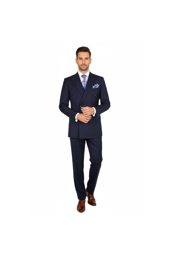 Men Apollo King Double Breasted Suit Classic Peak Lapel Pleated DM22 Navy Blue