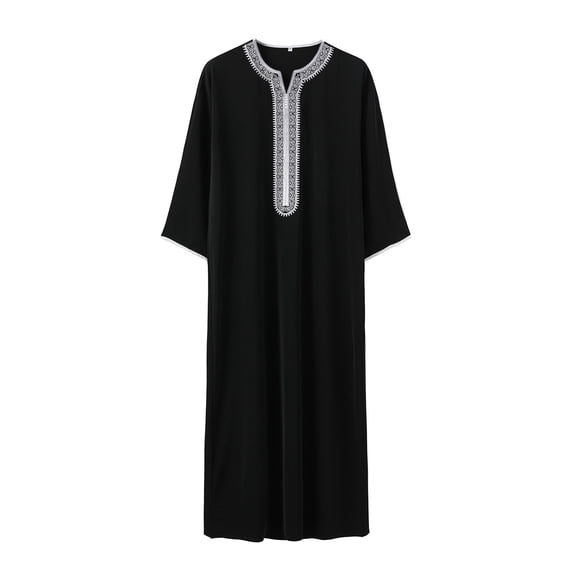 Men Arab Long Sleeve Embroidered Thobe Traditional Middle Wear Elegant Dress With Pockets Black S