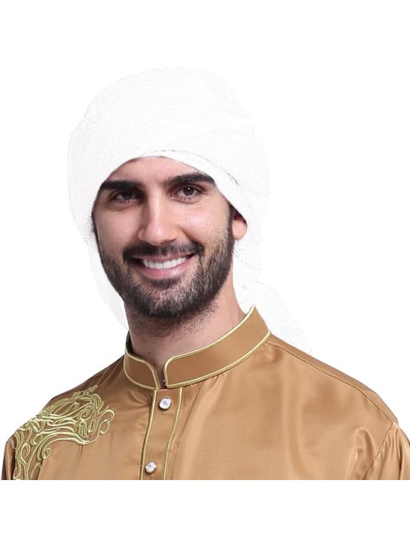 Men Arab Shemagh Kaffiyeh Headscarf, 140×140cm Polyester Muslim Headwrap, Middle East Arafat Turban Shawl for Men-White