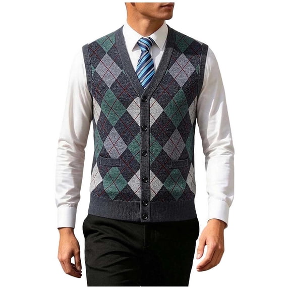 Men Argyle Knit Sweater Vest, V Neck Button Front Wool Blend Sleeveless Cardigan with Pockets Business Casual Waistcoat Big & Tall Size M-4XL Dark Gray
