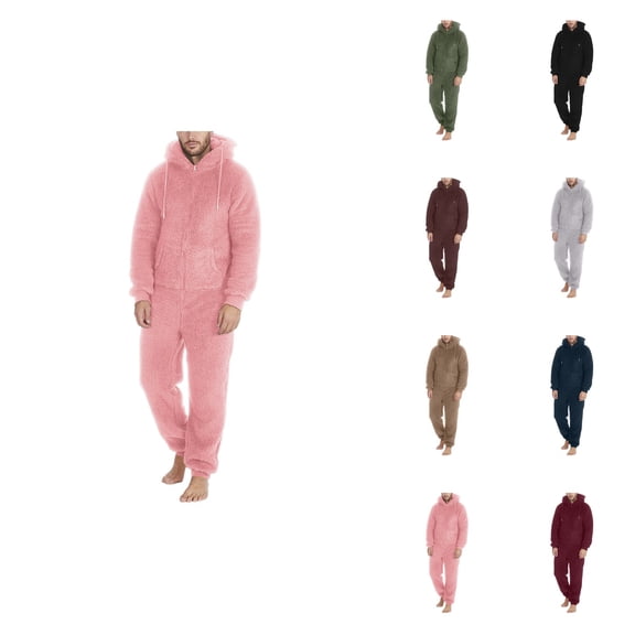 Men Artificial Wool Long Sleeve Pajamas, Casual Hooded Jumpsuit, Solid Color, Warm Plush Romper, Zipper, Loungewear