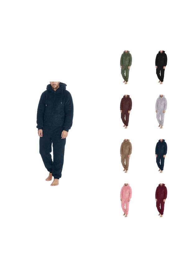 Men Artificial Wool Long Sleeve Pajamas, Casual Hooded Jumpsuit, Solid Color, Warm Plush Romper, Zipper, Loungewear
