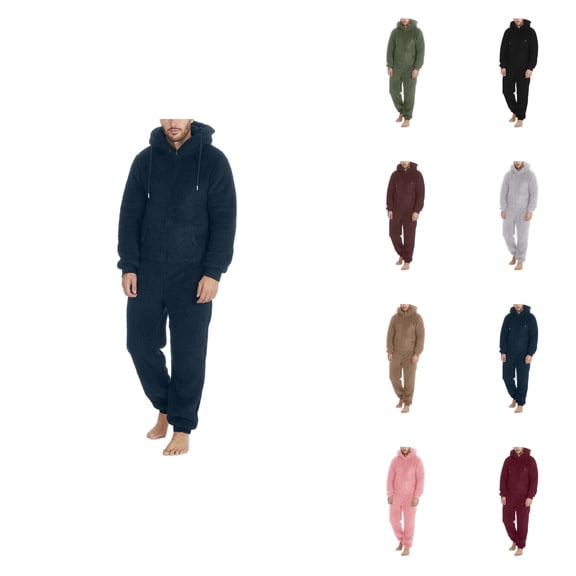 Men Artificial Wool Long Sleeve Pajamas, Casual Hooded Jumpsuit, Solid Color, Warm Plush Romper, Zipper, Loungewear