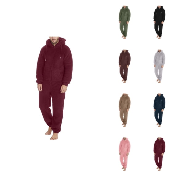 Men Artificial Wool Long Sleeve Pajamas, Casual Hooded Jumpsuit, Solid Color, Warm Plush Romper, Zipper, Loungewear