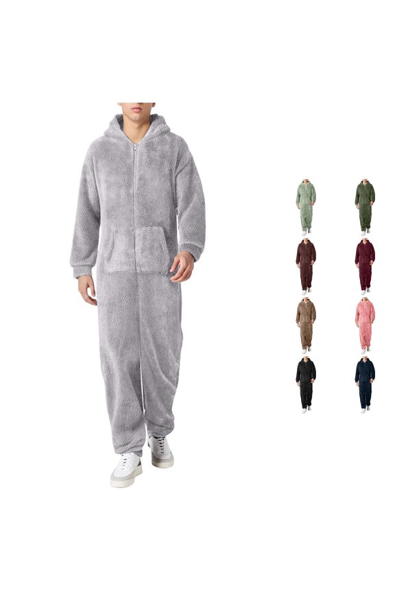 Men Artificial Wool Long Sleeve Pajamas Casual Solid Color Zipper Loose Hooded Jumpsuit Pajamas Casual Winter Warm Rompe 1 Piece Suit On Sleepwear