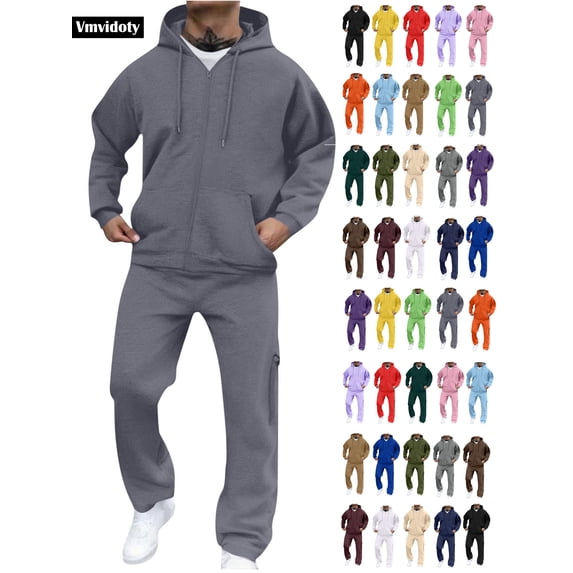 Men Athletic Outfit Sets 2 Piece Solid Fleece Lined Track Suit Loose Drawstring Full Zip Hoodie with Pocket & Elastic Waist Open Bottom Cargo Sweatpants(Dark Gray, XL)