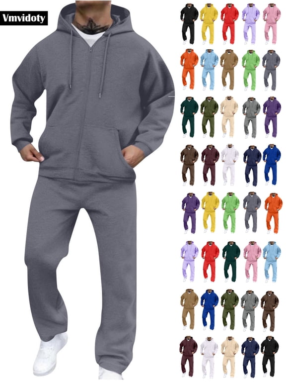 Men Athletic Outfit Sets 2 Piece Solid Fleece Lined Track Suit Loose Drawstring Full Zip Hoodie with Pocket & Elastic Waist Open Bottom Cargo Sweatpants(Dark Gray, XL)