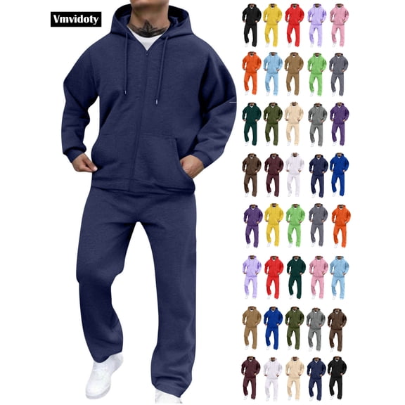 Men Athletic Outfit Sets 2 Piece Solid Fleece Lined Track Suit Loose Drawstring Full Zip Hoodie with Pocket & Elastic Waist Open Bottom Cargo Sweatpants(Dark Blue, L)