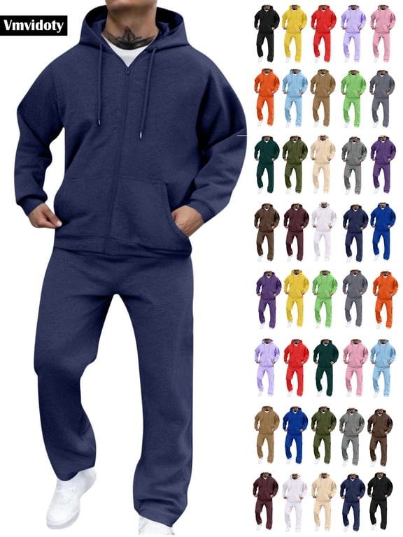 Men Athletic Outfit Sets 2 Piece Solid Fleece Lined Track Suit Loose Drawstring Full Zip Hoodie with Pocket & Elastic Waist Open Bottom Cargo Sweatpants(Dark Blue, L)