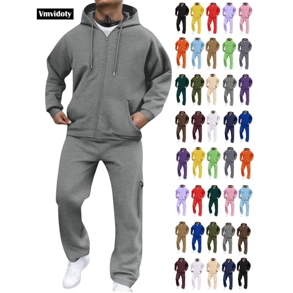 Men Athletic Outfit Sets 2 Piece Solid Fleece Lined Track Suit Loose Drawstring Full Zip Hoodie with Pocket & Elastic Waist Open Bottom Cargo Sweatpants(Gray, 2XL)