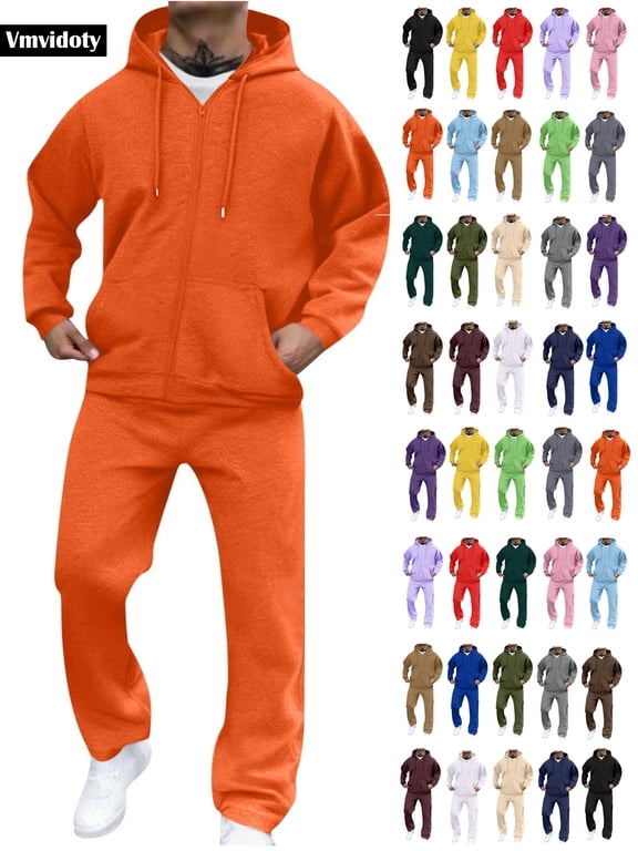 Men Athletic Outfit Sets 2 Piece Solid Fleece Lined Track Suit Loose Drawstring Full Zip Hoodie with Pocket & Elastic Waist Open Bottom Cargo Sweatpants(Orange, L)