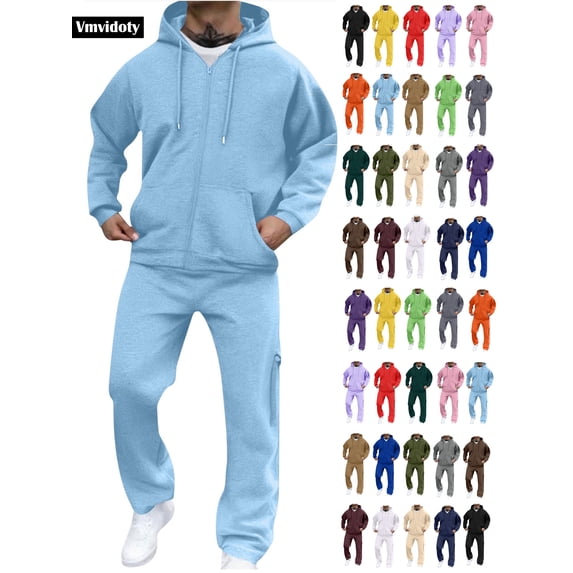Men Athletic Outfit Sets 2 Piece Solid Fleece Lined Track Suit Loose Drawstring Full Zip Hoodie with Pocket & Elastic Waist Open Bottom Cargo Sweatpants(Sky Blue, M)