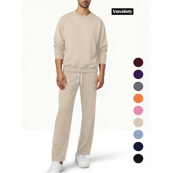 Men Athletic Outfit Sets Men's Fleece 2-Piece Crew Sweatshirt and Open Bottom Sweatpants with Pocket Set(Beige, 2XL)
