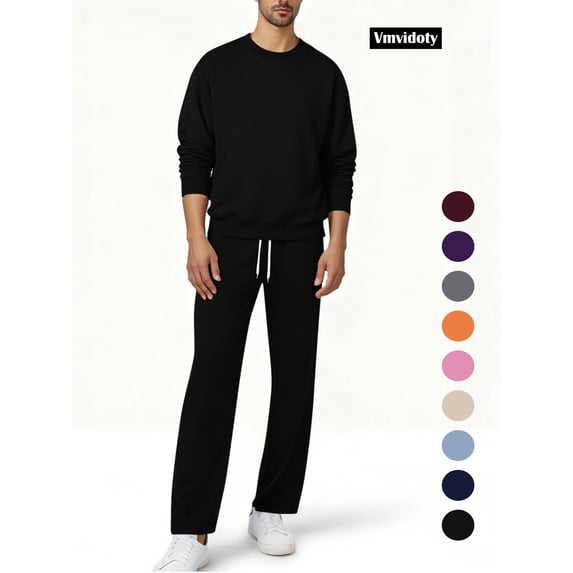 Men Athletic Outfit Sets Men's Fleece 2-Piece Crew Sweatshirt and Open Bottom Sweatpants with Pocket Set(Black, M)
