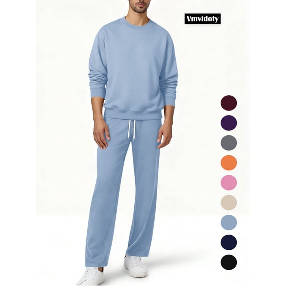 Men Athletic Outfit Sets Men's Fleece 2-Piece Crew Sweatshirt and Open Bottom Sweatpants with Pocket Set(Blue, S)