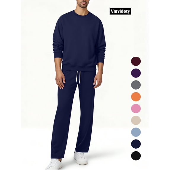 Men Athletic Outfit Sets Men's Fleece 2-Piece Crew Sweatshirt and Open Bottom Sweatpants with Pocket Set(Navy, 2XL)