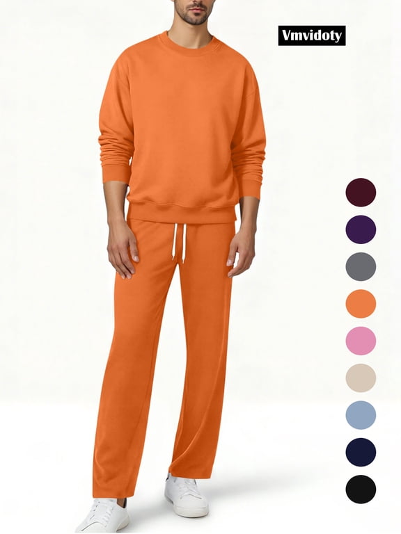 Men Athletic Outfit Sets Men's Fleece 2-Piece Crew Sweatshirt and Open Bottom Sweatpants with Pocket Set(Orange, 2XL)