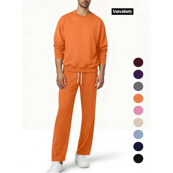 Men Athletic Outfit Sets Men's Fleece 2-Piece Crew Sweatshirt and Open Bottom Sweatpants with Pocket Set(Orange, L)