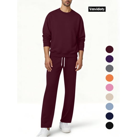 Men Athletic Outfit Sets Men's Fleece 2-Piece Crew Sweatshirt and Open Bottom Sweatpants with Pocket Set(Wine, S)