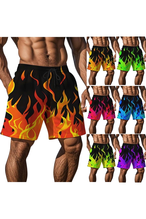 Men Athletic Shorts Men's Shorts Casual Men's Casual Homewear Flame Printing Funny Printed Trousers Beach Sports Shorts Fast-Drying Trousers Orange L