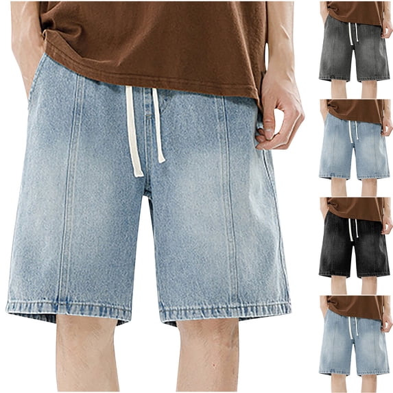 lcziwo Men Athletic Shorts with Pockets Denim Classic Fit Summer Drawstring Hiking Shorts Camping Fishing Beach Elastic Waist Chino Short Light Blue M
