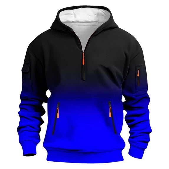 Men Athletic Sweatshirts Casual Gradient Color Zipper Sports Pullover Tops Long Sleeve Running Gym Kangroo Pocket Sweatshirts Blue L