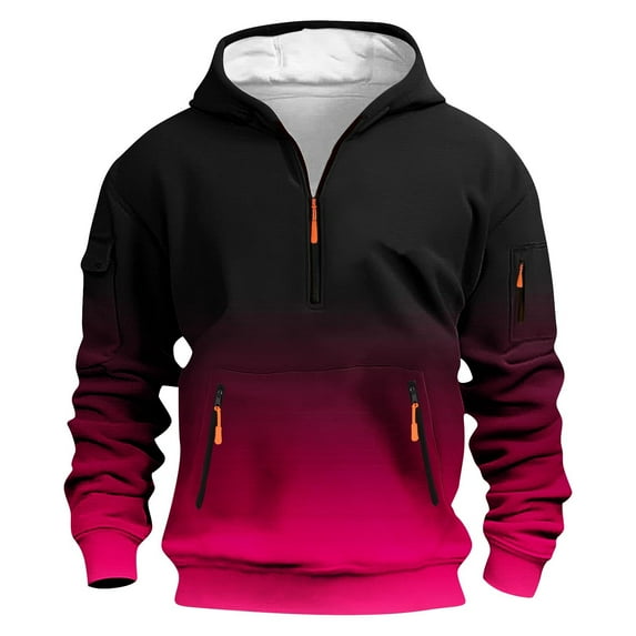 Men Athletic Sweatshirts Casual Gradient Color Zipper Sports Pullover Tops Long Sleeve Running Gym Kangroo Pocket Sweatshirts Hot Pink S