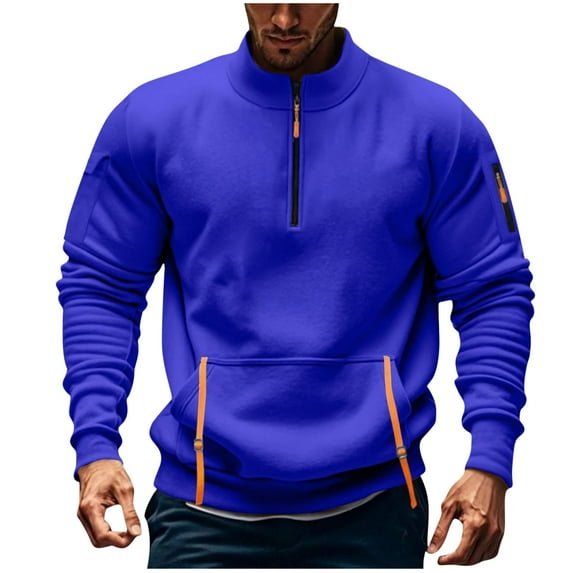 Men Athletic Sweatshirts Casual Solid Color Zipper Sports Pullover Tops Long Sleeve Running Gym Kangroo Pocket Sweatshirts Blue M