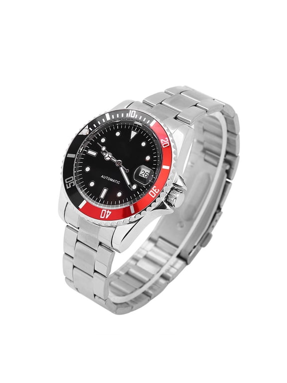 Men Automatic Mechanical Wristwatch Stainless Steel Band Self Winding Analog Watch Red & Black Accent