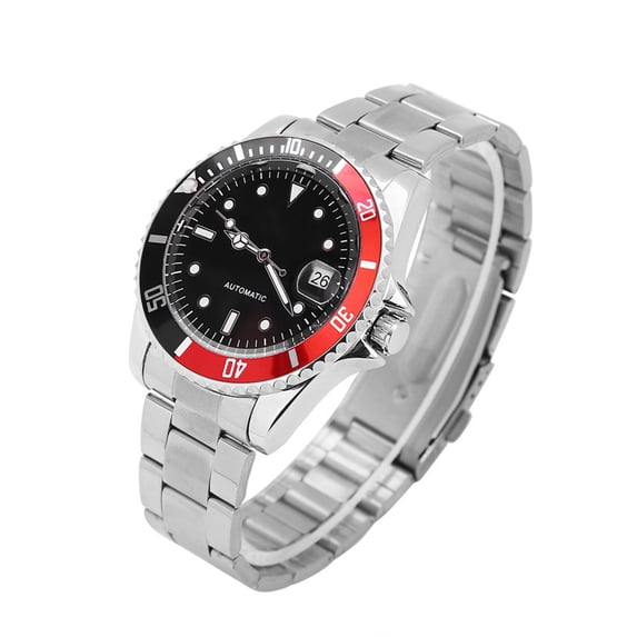 Men Automatic Mechanical Wristwatch Stainless Steel Band Self Winding Analog Watch Red & Black Accent