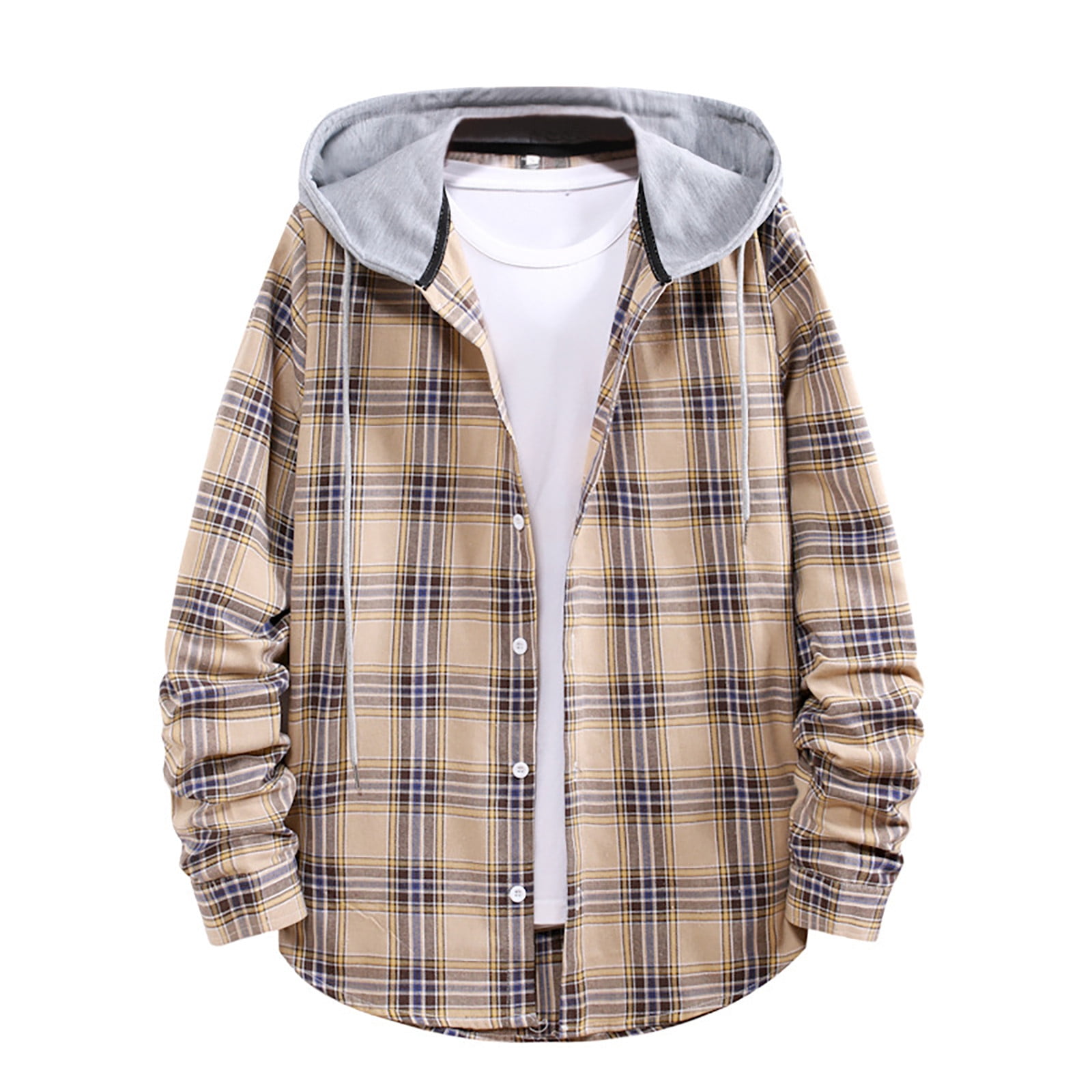 Men Autumn And Winter Casual Fashion Button Plaid Print Shirt Hooded