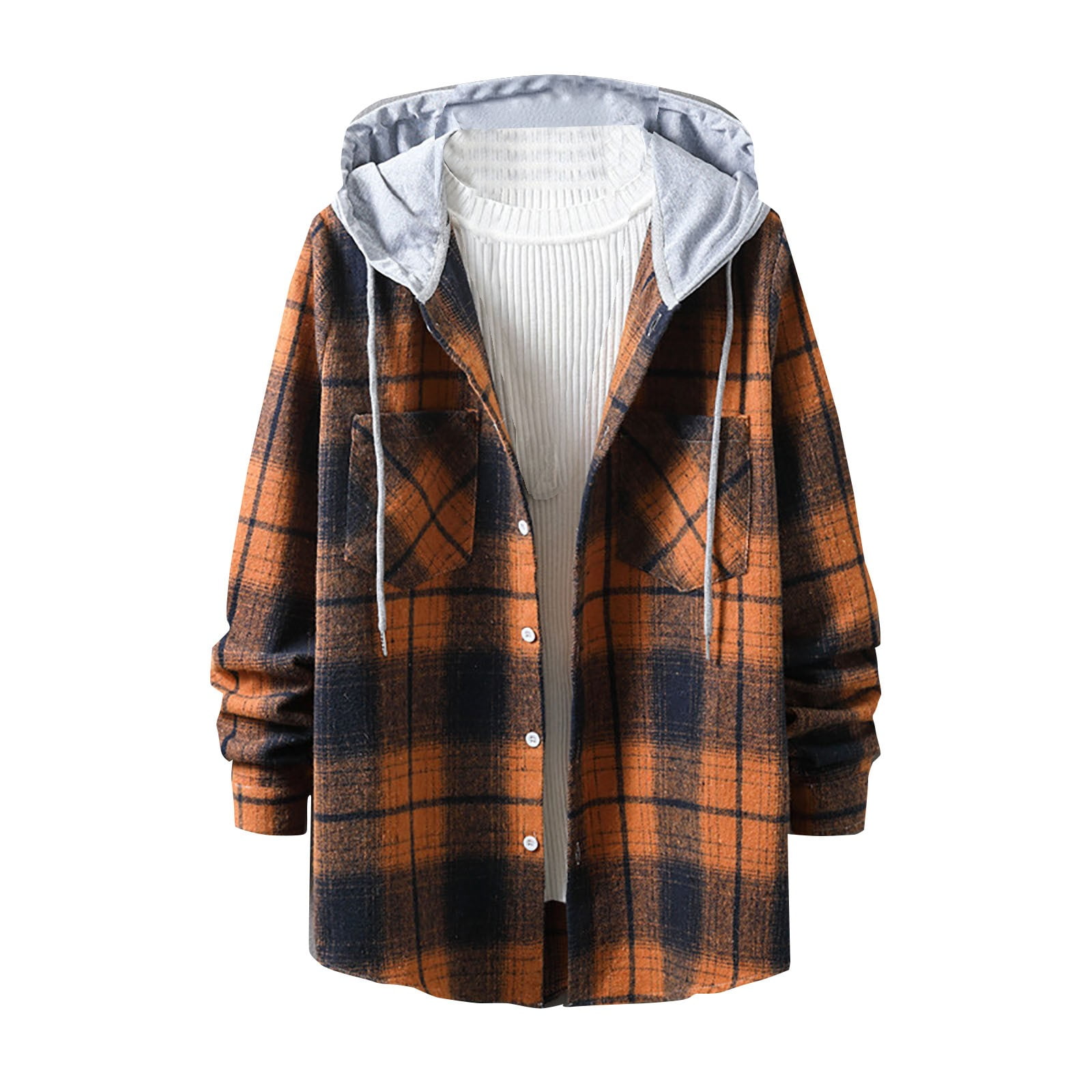 Men Autumn And Winter Casual Plaid Print Shirt Long Sleeve Hooded