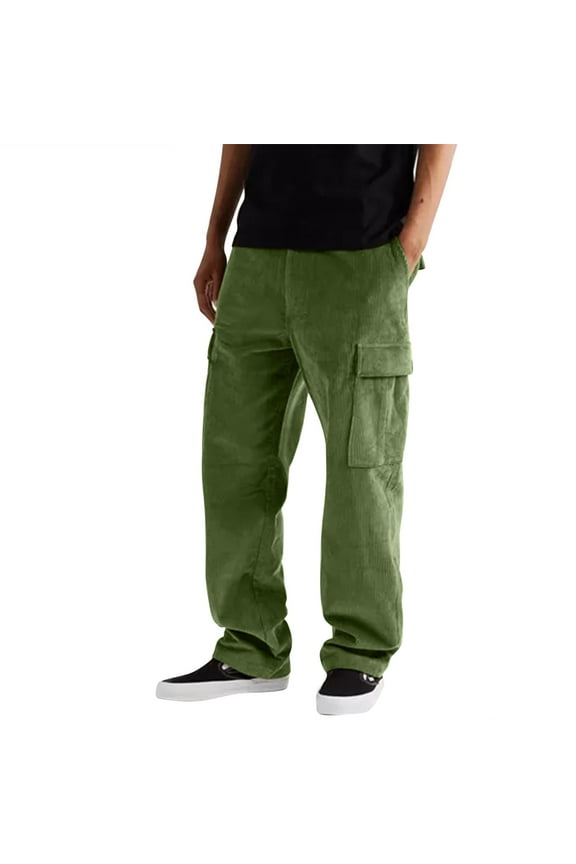 Men Autumn And Winter Solid Color Corduroy Multi Pocket Straight Pants High Street Pants Casual Loose Overalls Trousers