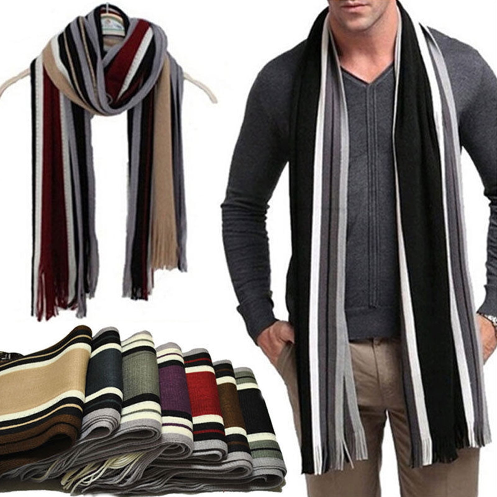 Men Autumn/Winter Casual Wrap Vertical Stripe Cotton Muffler Color