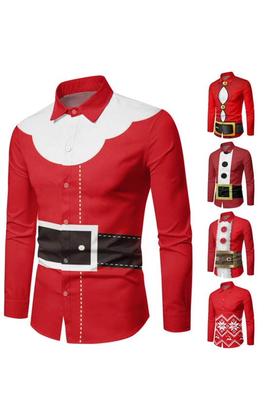 Men Autumn Winter Christmas Long Sleeve Button Full Print Funny Novelty Shirts Red S