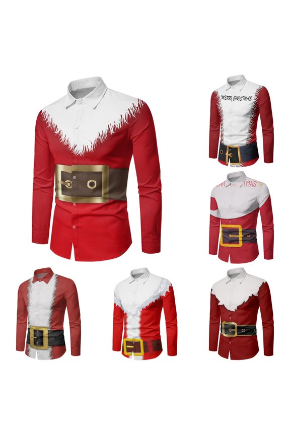 Men Autumn Winter Christmas Long Sleeve Button Full Print Funny Shirts Red S